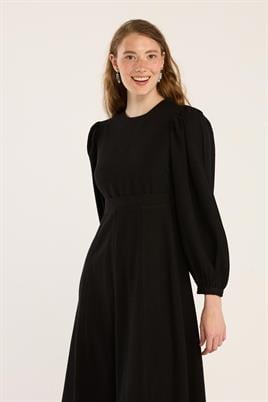 Keten Dokulu Parçalı Elbise Siyah