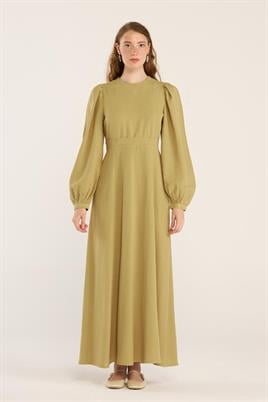 Keten Dokulu Parçalı Elbise Yağ Yeşili