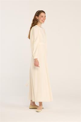 Keten Dokulu Parçalı Elbise Krem
