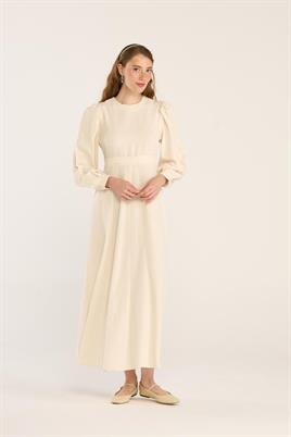 Keten Dokulu Parçalı Elbise Krem