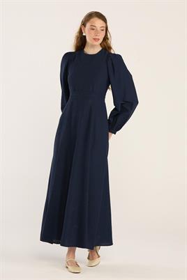 Keten Dokulu Parçalı Elbise Lacivert