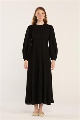 Keten Dokulu Parçalı Elbise Siyah