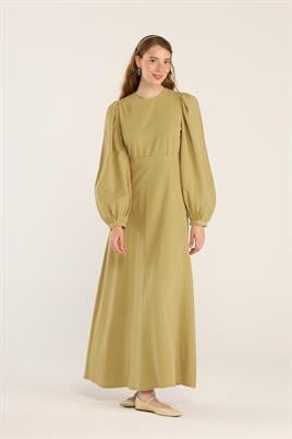 Keten Dokulu Parçalı Elbise Yağ Yeşili