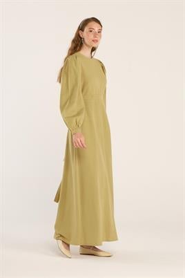 Keten Dokulu Parçalı Elbise Yağ Yeşili