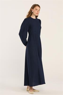 Keten Dokulu Parçalı Elbise Lacivert