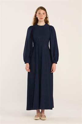 Keten Dokulu Parçalı Elbise Lacivert