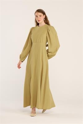 Keten Dokulu Parçalı Elbise Yağ Yeşili