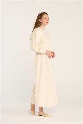 Keten Dokulu Parçalı Elbise Krem