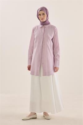 Lila Keten Gömlek, Bambu Şal, Cepli Beyaz Etek Kombin