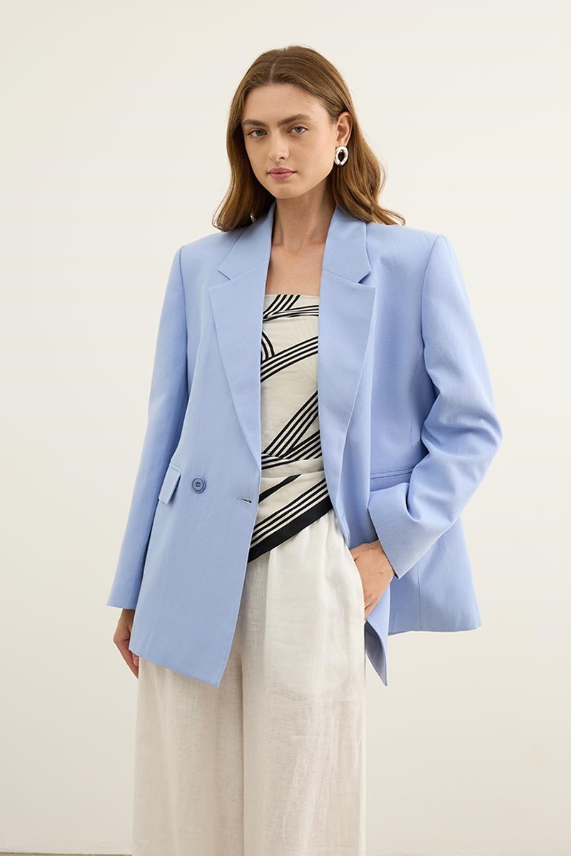 Keten Karışımlı Blazer Ceket Bebe Mavisi