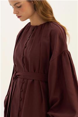 Keten Tensel Elbise Koyu Bordo