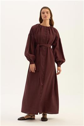 Keten Tensel Elbise Koyu Bordo