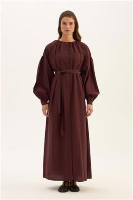 Keten Tensel Elbise Koyu Bordo