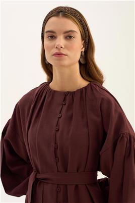 Keten Tensel Elbise Koyu Bordo