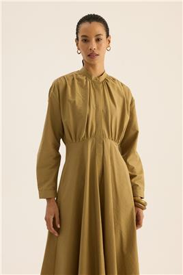 Kırışık Dokulu Elbise Zeytin Yeşili