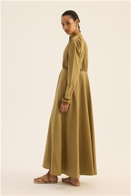 Kırışık Dokulu Elbise Zeytin Yeşili
