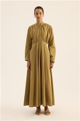 Kırışık Dokulu Elbise Zeytin Yeşili
