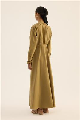 Kırışık Dokulu Elbise Zeytin Yeşili