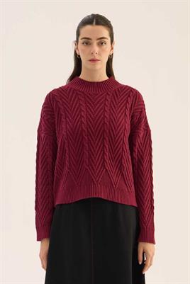 Kısa Verev Motifli Kazak Bordo