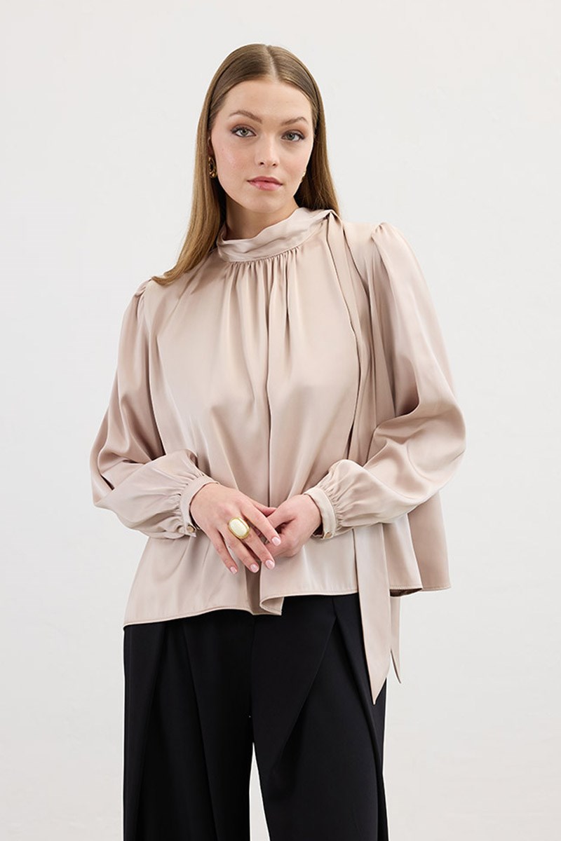 Klasik Saten Bluz Bej