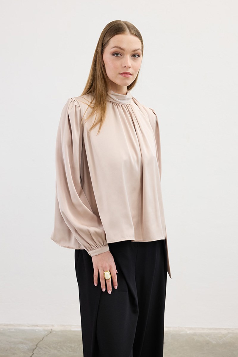 Klasik Saten Bluz Bej