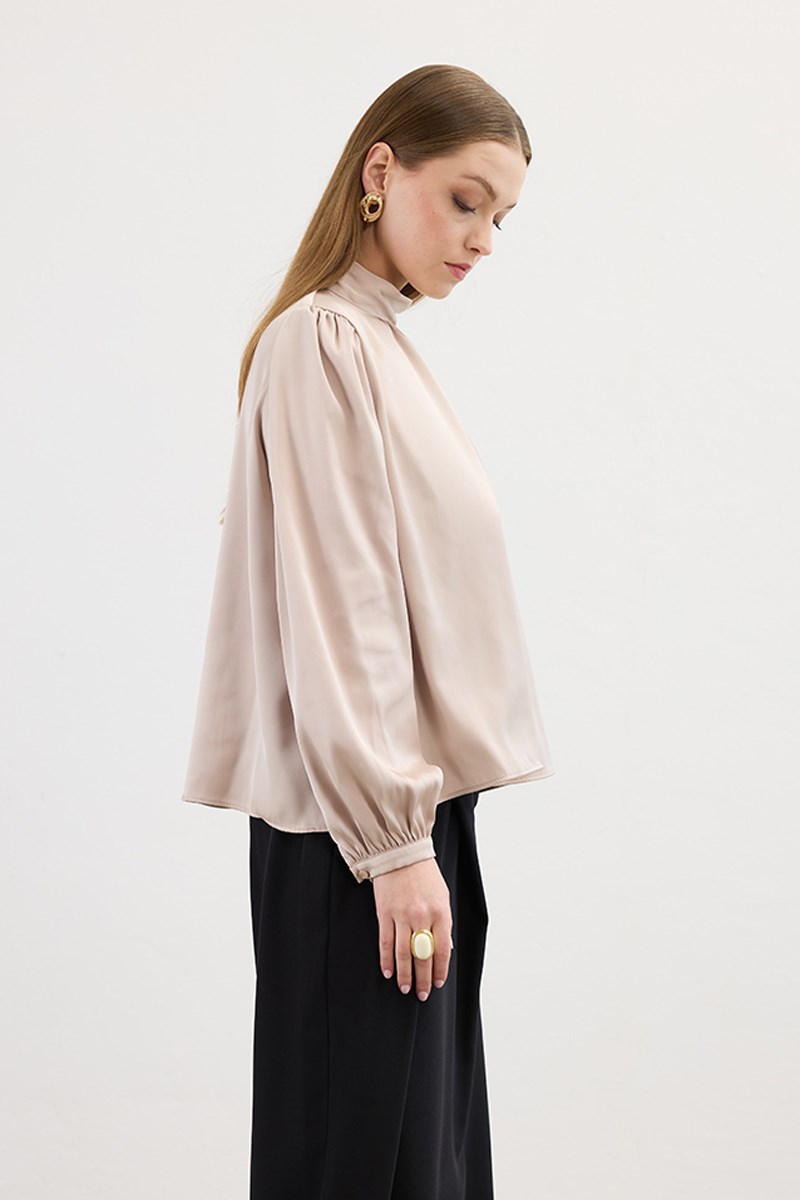 Klasik Saten Bluz Bej