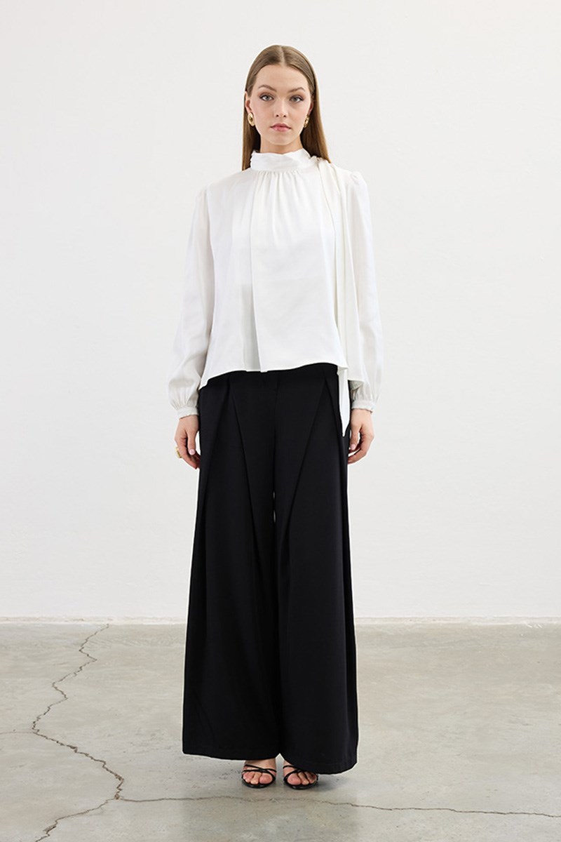 Klasik Saten Bluz Ekru