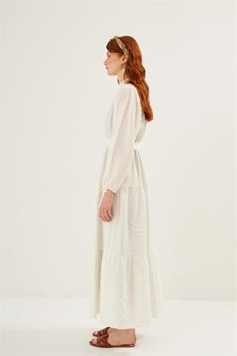 Kol Ucu Bağcıklı Elbise Ekru