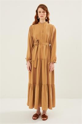 Kol Ucu Bağcıklı Elbise Camel