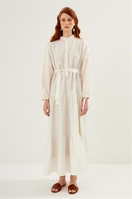 Kol Ucu Bağcıklı Elbise Ekru