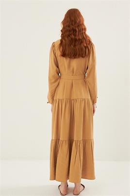 Kol Ucu Bağcıklı Elbise Camel