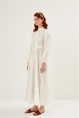 Kol Ucu Bağcıklı Elbise Ekru