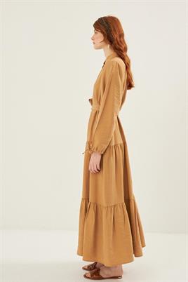 Kol Ucu Bağcıklı Elbise Camel