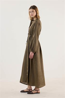 %100 Keten Elbise Haki