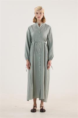 %100 Keten Elbise Su Yeşili