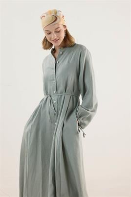 %100 Keten Elbise Su Yeşili