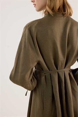 %100 Keten Elbise Haki