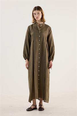 %100 Keten Elbise Haki