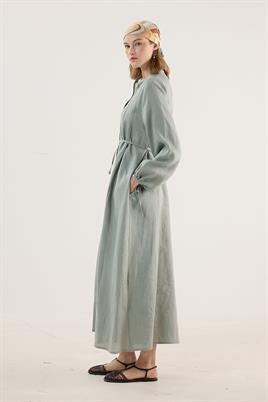 %100 Keten Elbise Su Yeşili