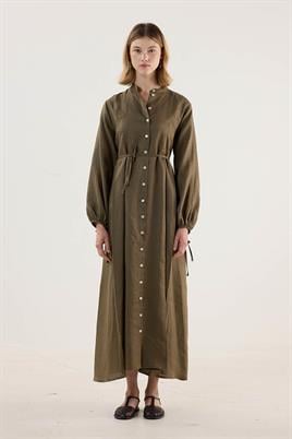 %100 Keten Elbise Haki