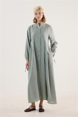 %100 Keten Elbise Su Yeşili