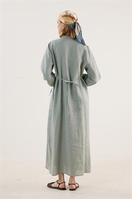 %100 Keten Elbise Su Yeşili