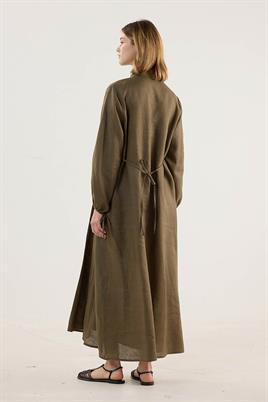 %100 Keten Elbise Haki