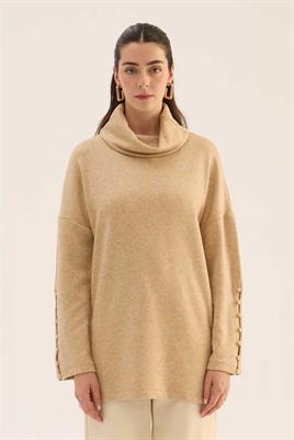 Kolları Düğmeli Kazak Açık Camel