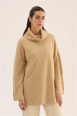 Kolları Düğmeli Kazak Açık Camel