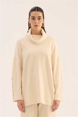 Kolları Düğmeli Kazak Ekru