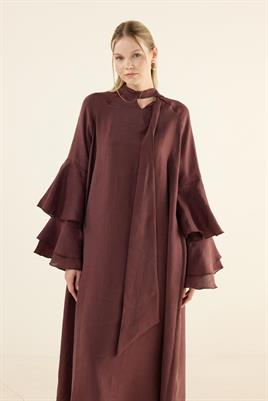 Kolları Volanlı Işıltılı Elbise Bordo