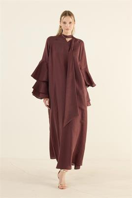 Kolları Volanlı Işıltılı Elbise Bordo