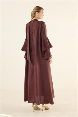 Kolları Volanlı Işıltılı Elbise Bordo