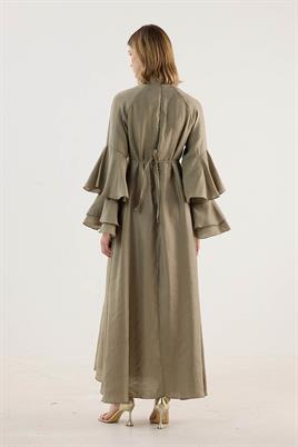 Kolları Volanlı Işıltılı Elbise Haki